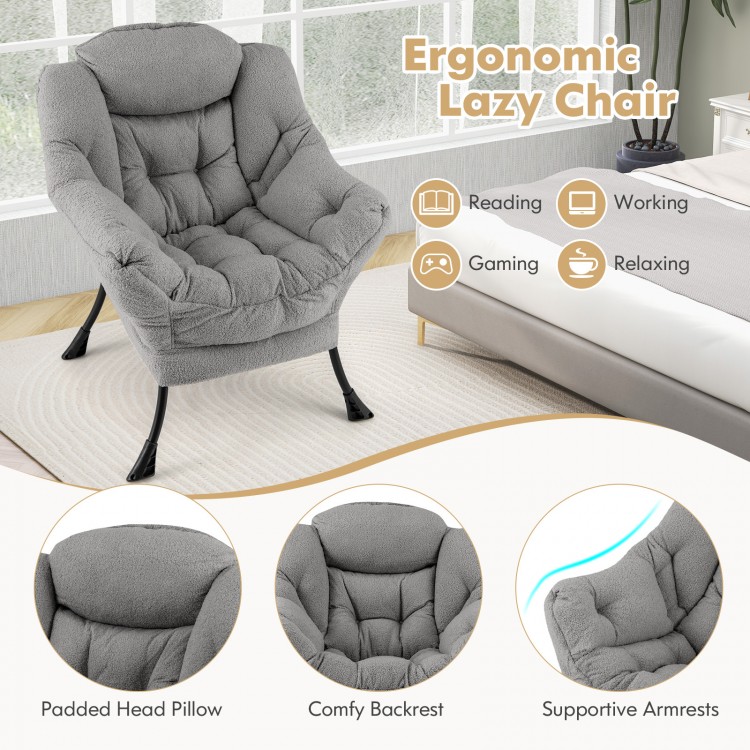 Sherpa upholstered accent chair in gray with padded head pillow, ergonomic backrest, ideal for reading or relaxing.